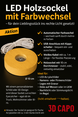 LED Holzsockel mit Farbwechsel – USB-betrieben mit Schalter (Ø 10 cm)