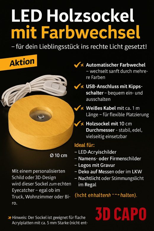 LED Holzsockel Ø 10 cm mit RGB-Farbwechsel – für Lithophane & Leuchtobjekte