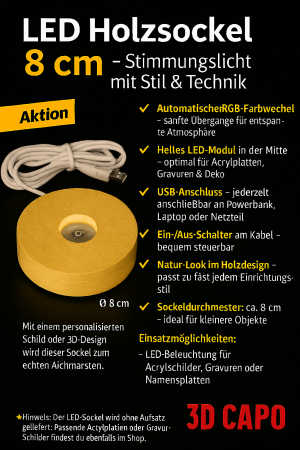LED Holzsockel mit Farbwechsel – 8 cm – USB mit Schalter