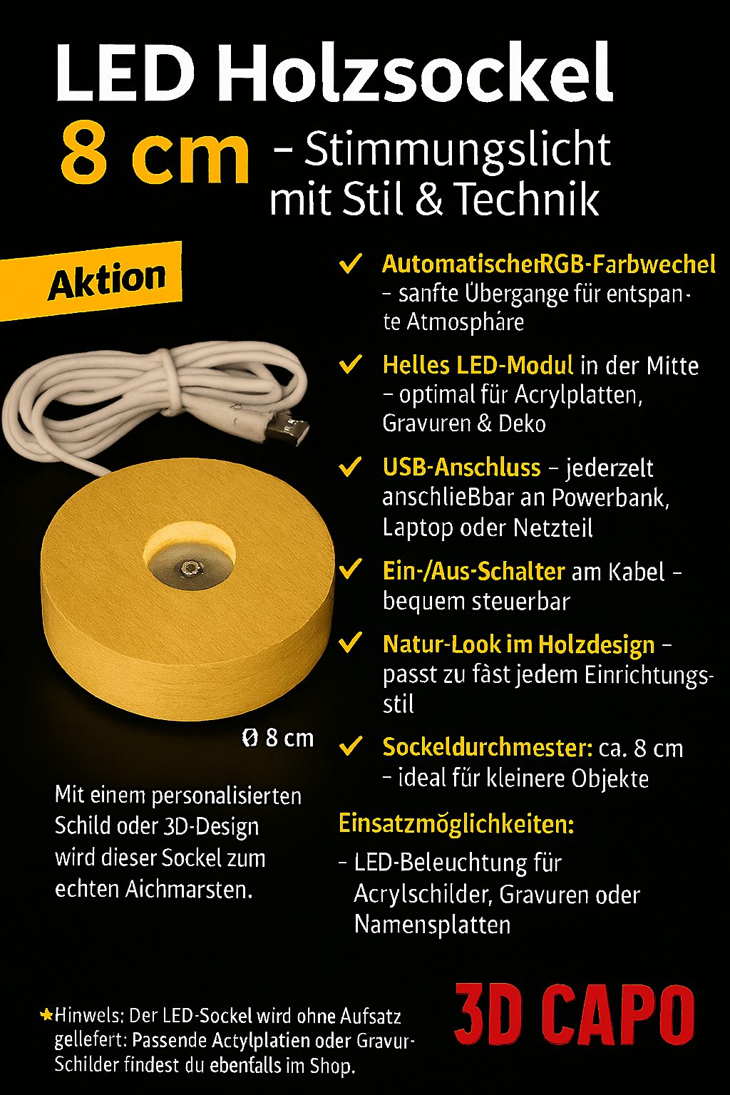 LED Holzsockel Ø 8 cm mit RGB-Farbwechsel – für Lithophane & Leuchtobjekte