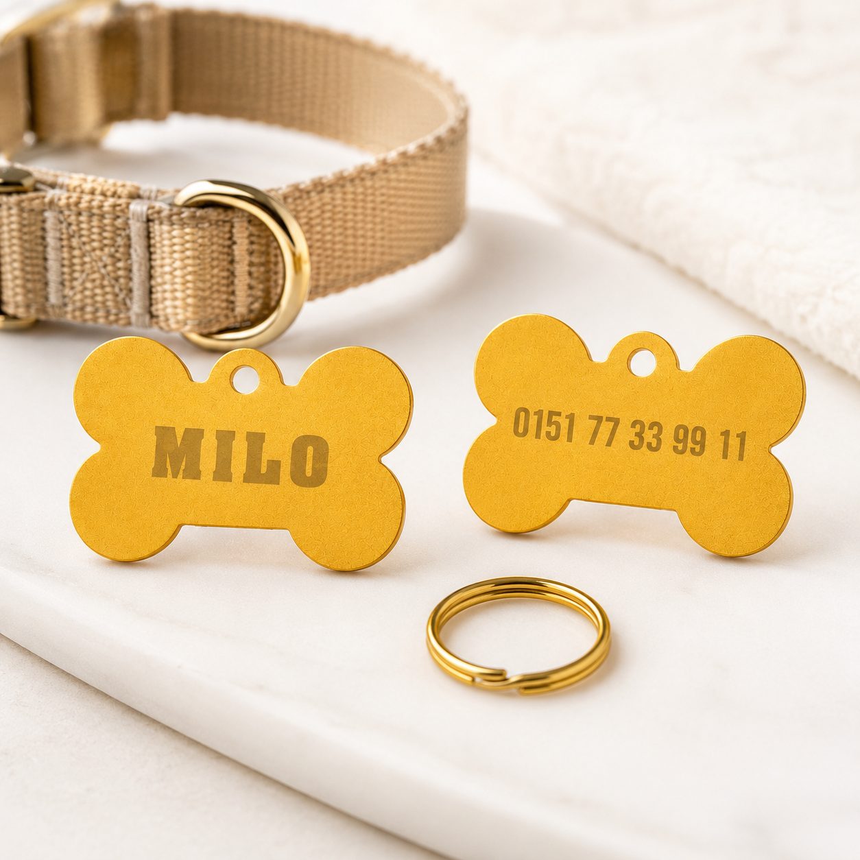 Personalisierte Hundemarke in Knochenform – goldfarben mit Wunschgravur – Bild 2