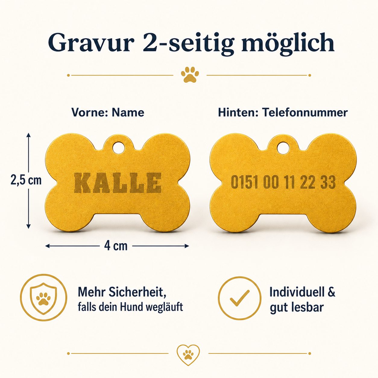 Personalisierte Hundemarke in Knochenform – goldfarben mit Wunschgravur