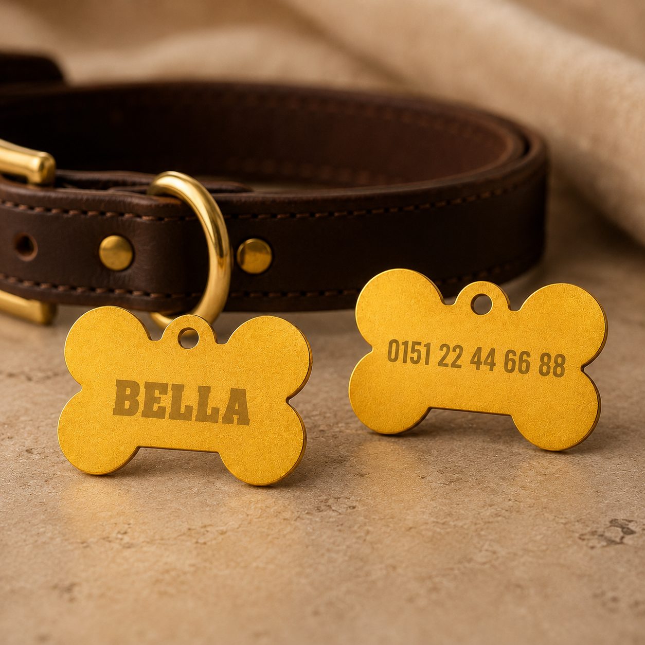 Personalisierte Hundemarke in Knochenform – goldfarben mit Wunschgravur – Bild 6