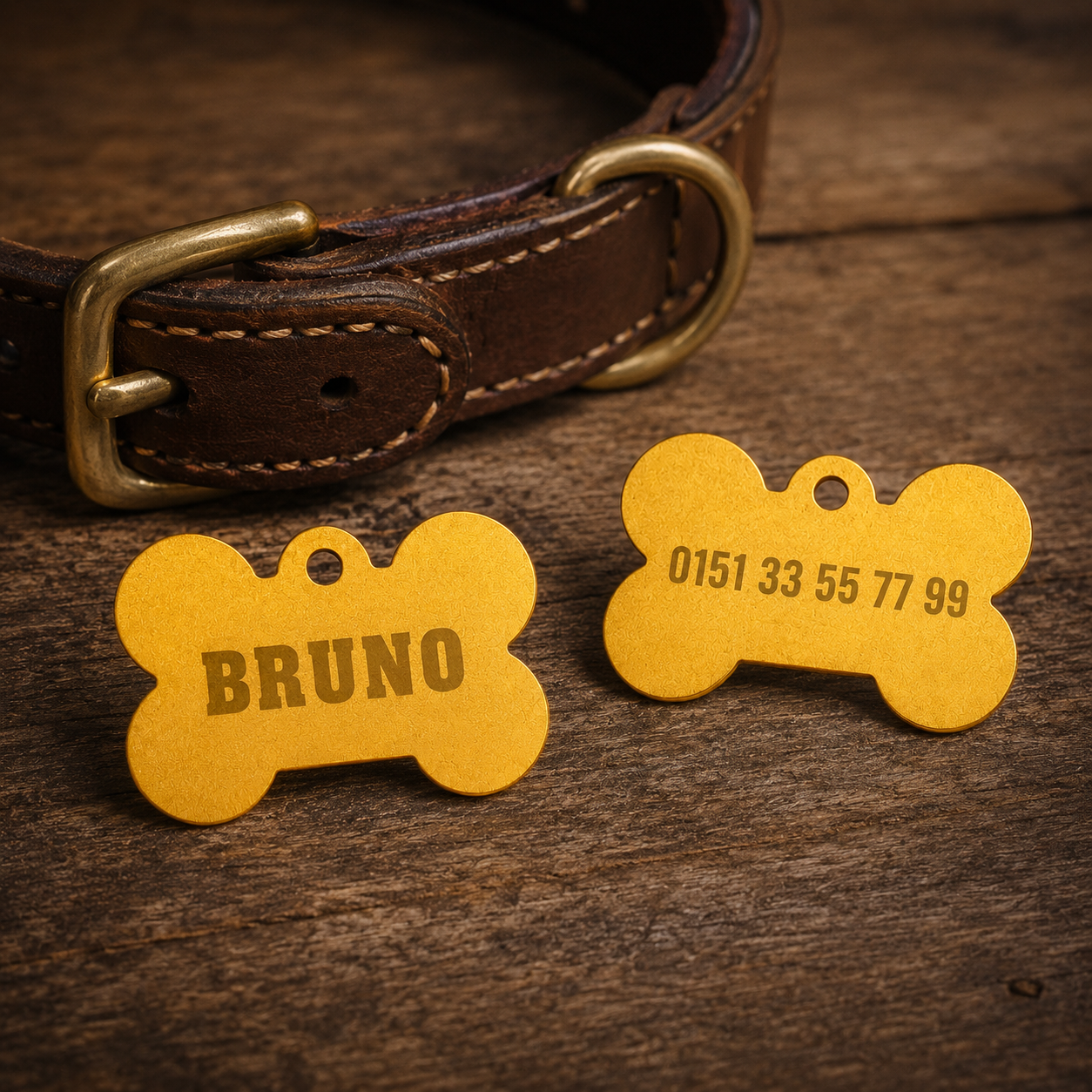 Hundemarke Knochen gold mit Gravur – personalisiert mit Name & Telefonnummer – Bild 7