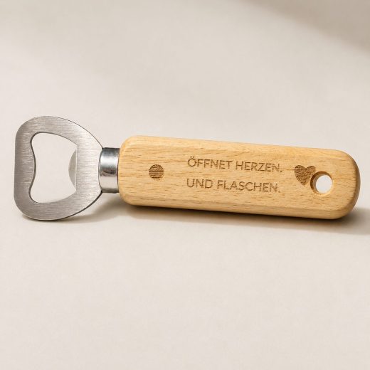 Personalisierter Flaschenöffner mit Holzgriff – langer Bieröffner mit Loch & Wunschgravur