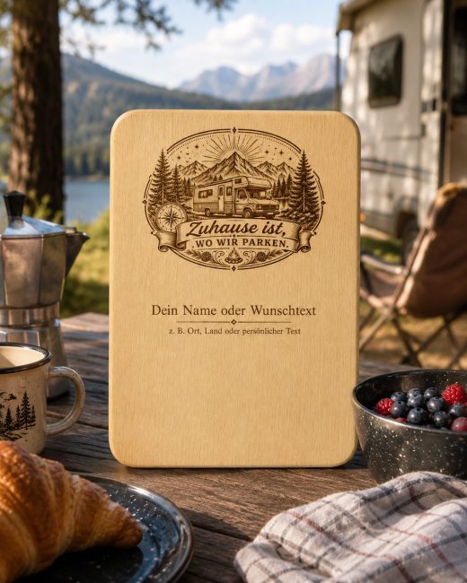2er Set Vesperbretter Camping „Zuhause ist, wo wir parken“ – personalisierte Holzbrettchen 15×24 cm - Wohnmobil