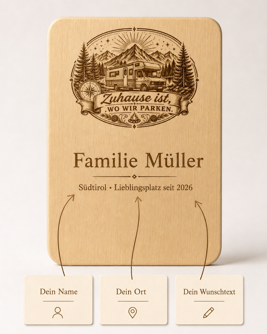 2er Set Vesperbretter Camping „Zuhause ist, wo wir parken“ – personalisierte Holzbrettchen 15×24 cm - Wohnmobil – Bild 5