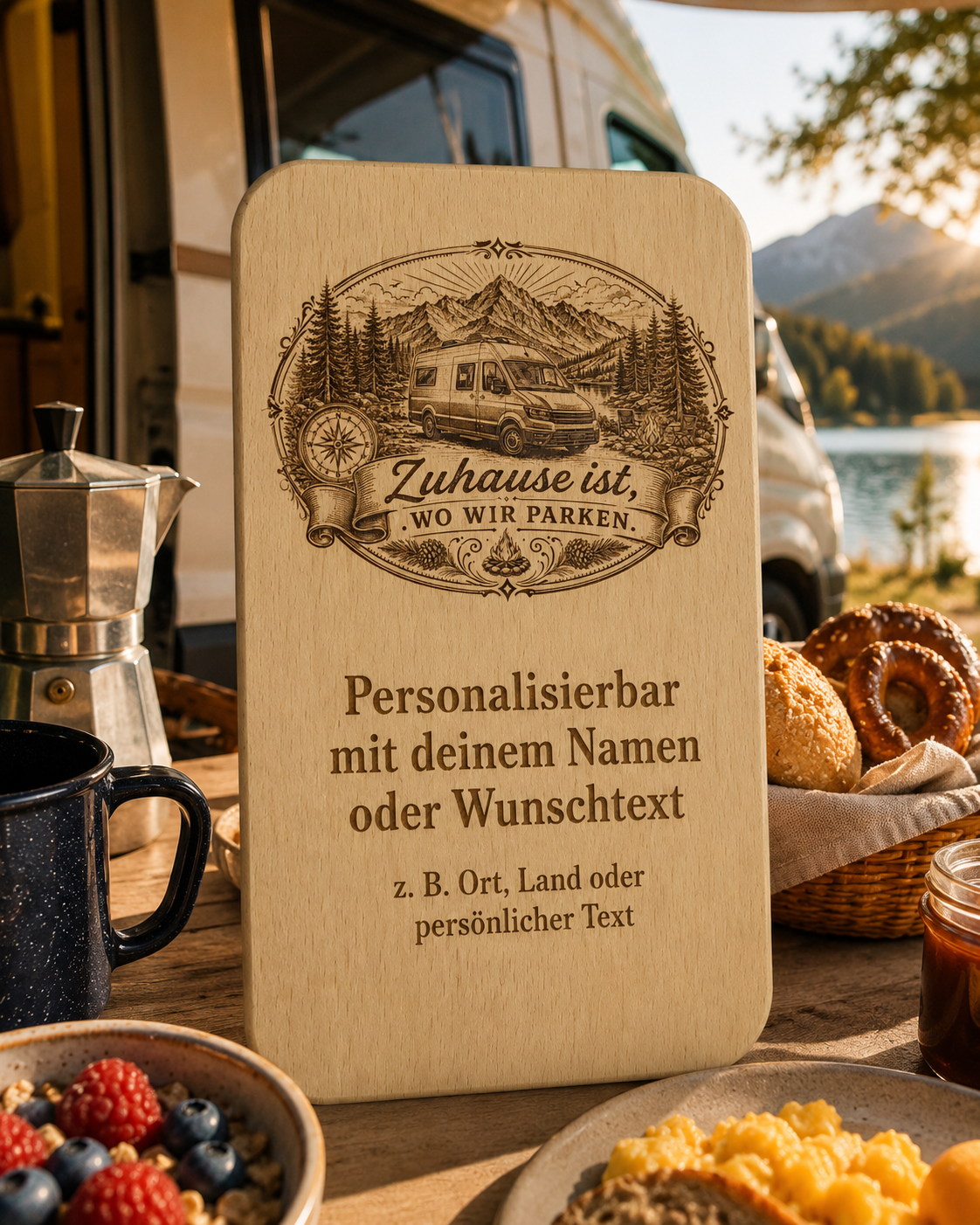 2er Set Vesperbretter Camping „Zuhause ist, wo wir parken“ – personalisierte Holzbrettchen 15×24 cm - VAN – Bild 3