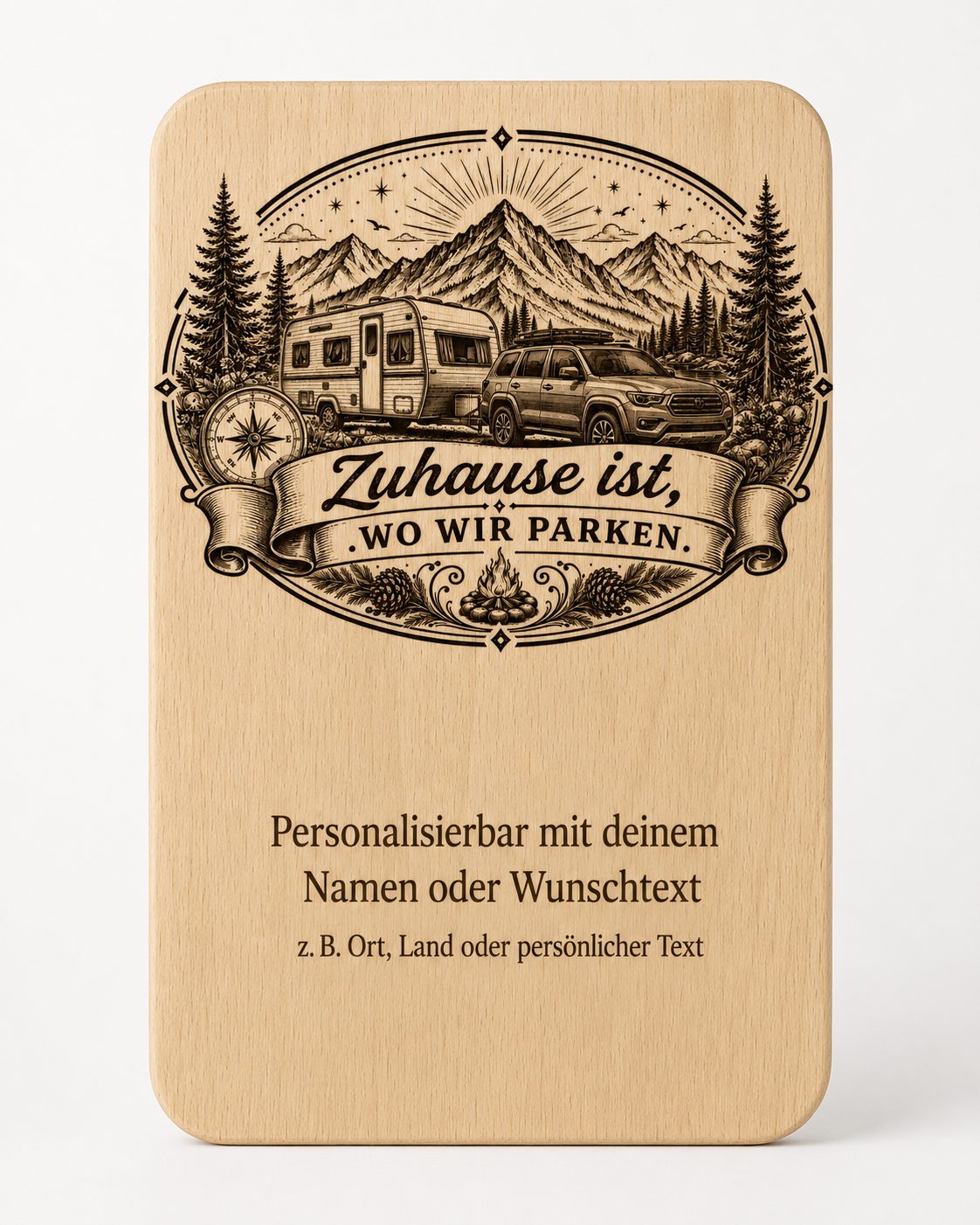 2er Set Vesperbretter Camping „Zuhause ist, wo wir parken“ – personalisierte Holzbrettchen 15×24 cm - Wohnwagen
