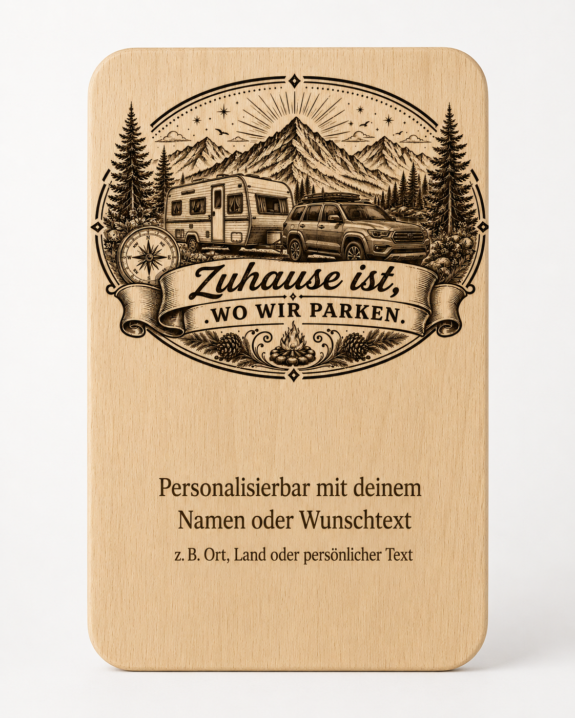 2er Set Vesperbretter Camping „Zuhause ist, wo wir parken“ – personalisierte Holzbrettchen 15×24 cm - Wohnwagen