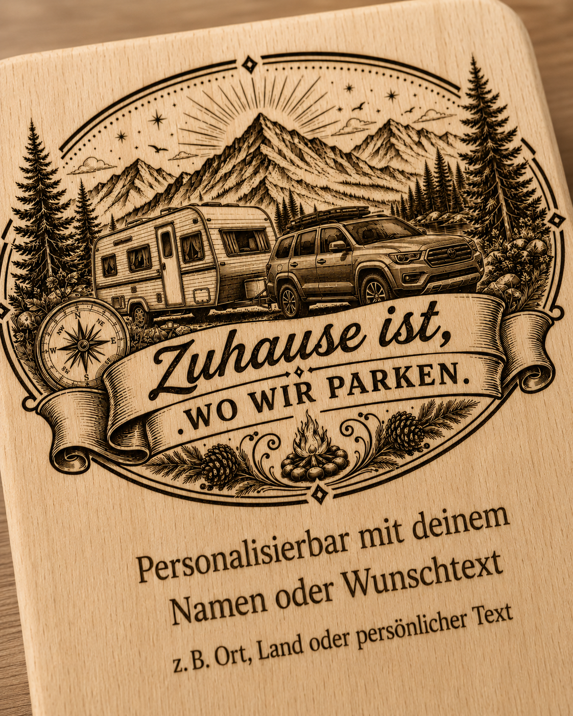 2er Set Vesperbretter Camping „Zuhause ist, wo wir parken“ – personalisierte Holzbrettchen 15×24 cm - Wohnwagen – Bild 5