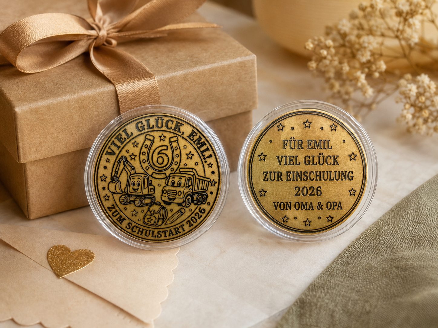 Personalisierte Glücksmünze aus Messing 40 mm – gravierter Glückstaler mit Wunschtext oder eigenem Design