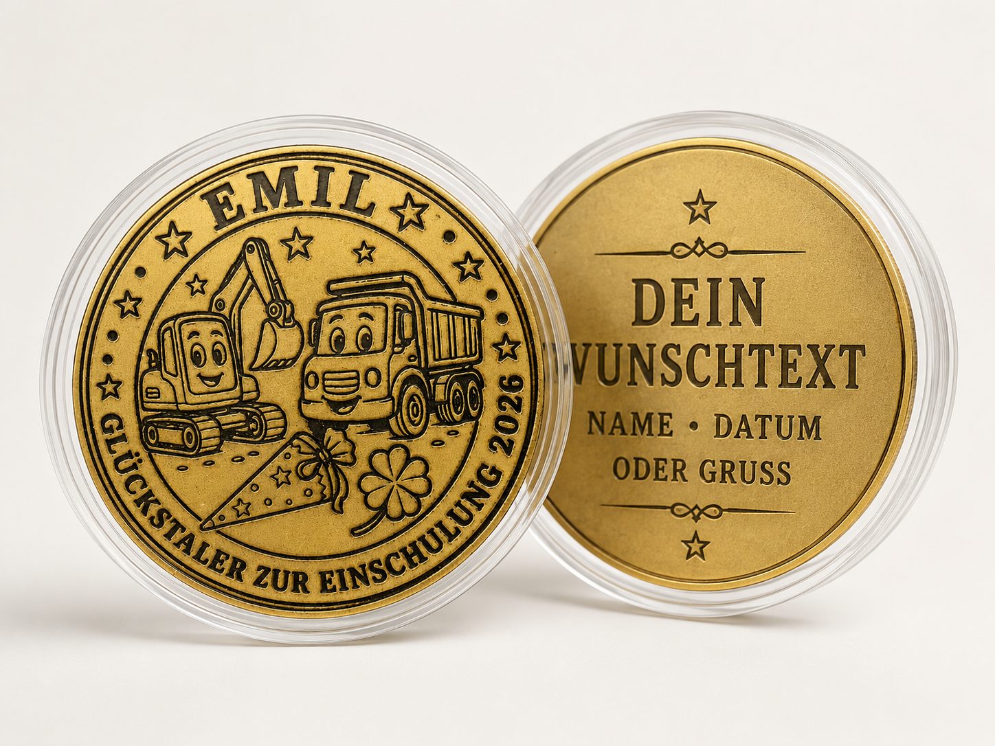 Personalisierte Glücksmünze aus Messing 40 mm – gravierter Glückstaler mit Wunschtext oder eigenem Design