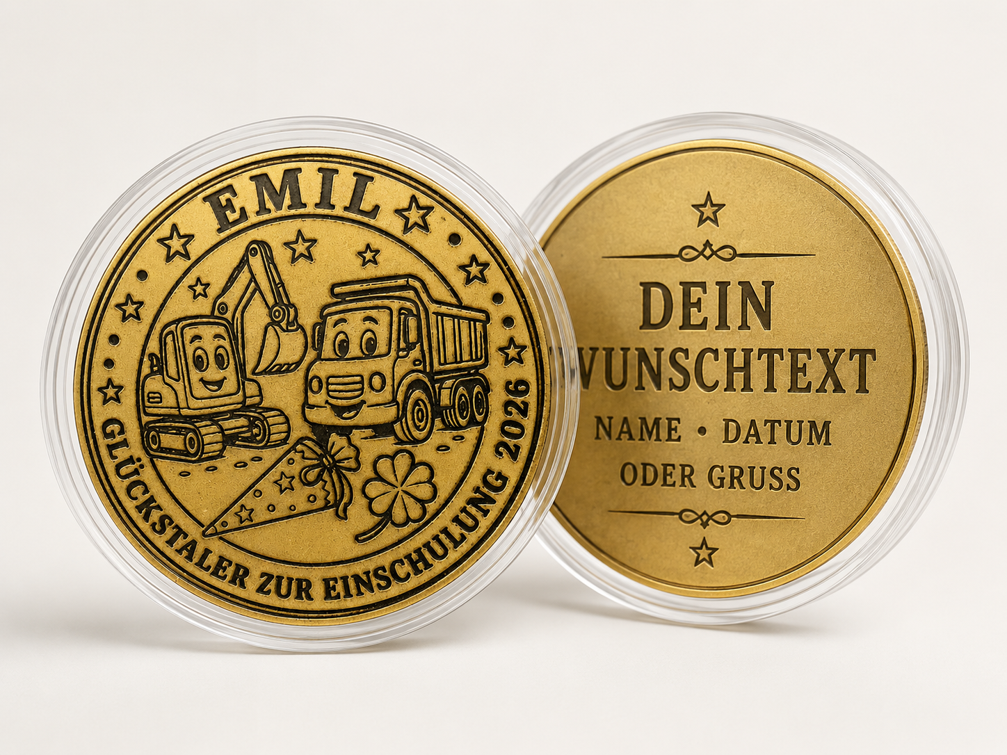 Personalisierte Glücksmünze aus Messing 40 mm – gravierter Glückstaler mit Wunschtext oder eigenem Design – Bild 3