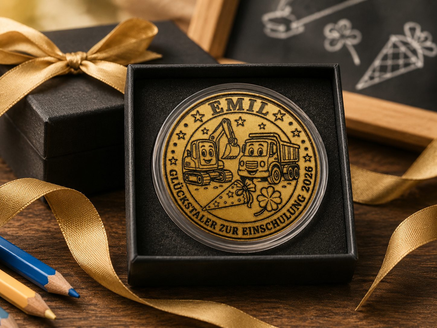 Personalisierte Glücksmünze aus Messing 40 mm – gravierter Glückstaler mit Wunschtext oder eigenem Design