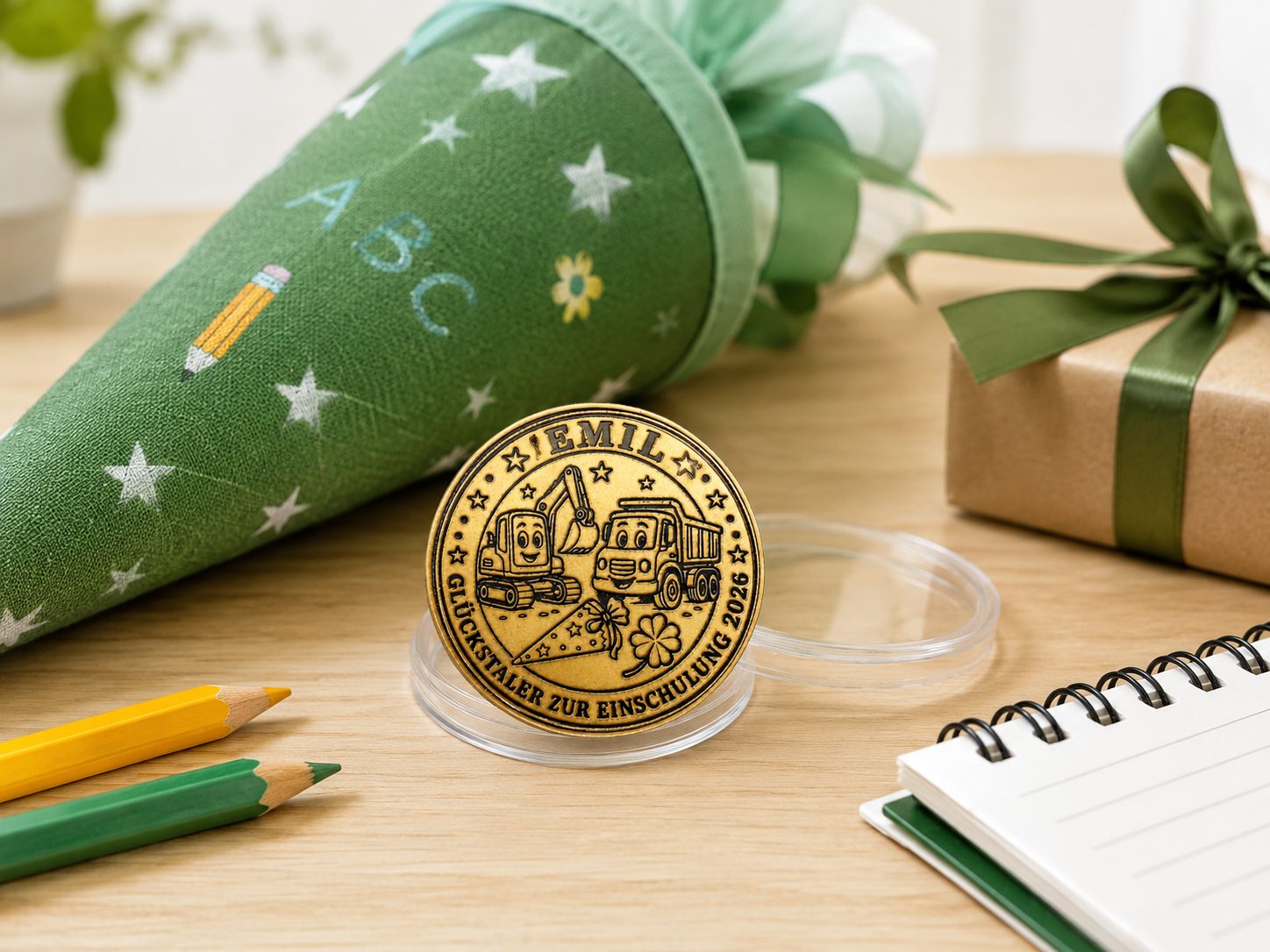 Personalisierte Glücksmünze aus Messing 40 mm – gravierter Glückstaler mit Wunschtext oder eigenem Design
