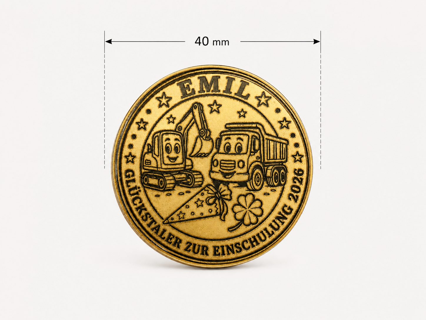 Personalisierte Glücksmünze aus Messing 40 mm – gravierter Glückstaler mit Wunschtext oder eigenem Design