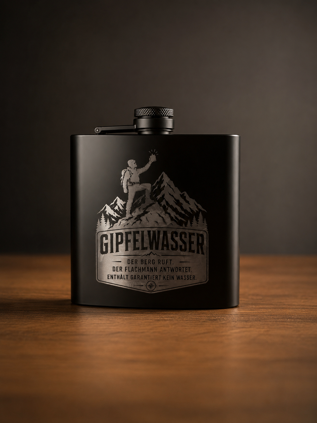 Flachmann „Gipfelwasser“ – Schwarzer 6oz Flachmann mit Bergsteiger-Gravur – Bild 2