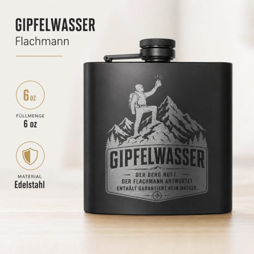 Flachmann „Gipfelwasser“ – Schwarzer 6oz Flachmann mit Bergsteiger-Gravur