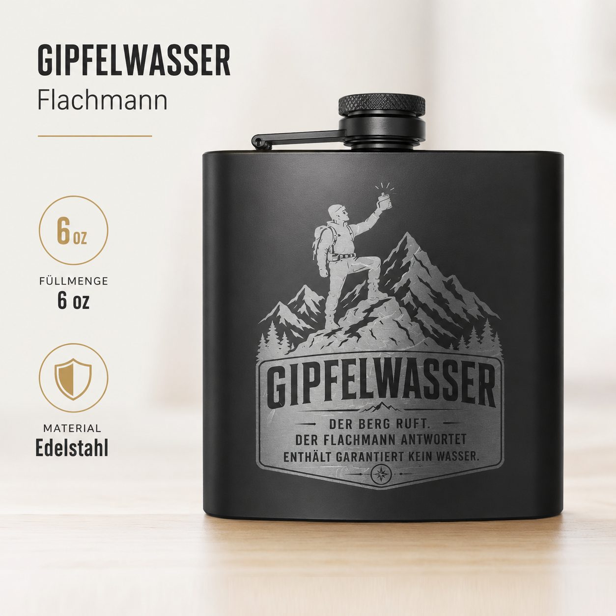 Personalisierter Flachmann 6 oz – mit Name, Text oder eigenem Motiv graviert