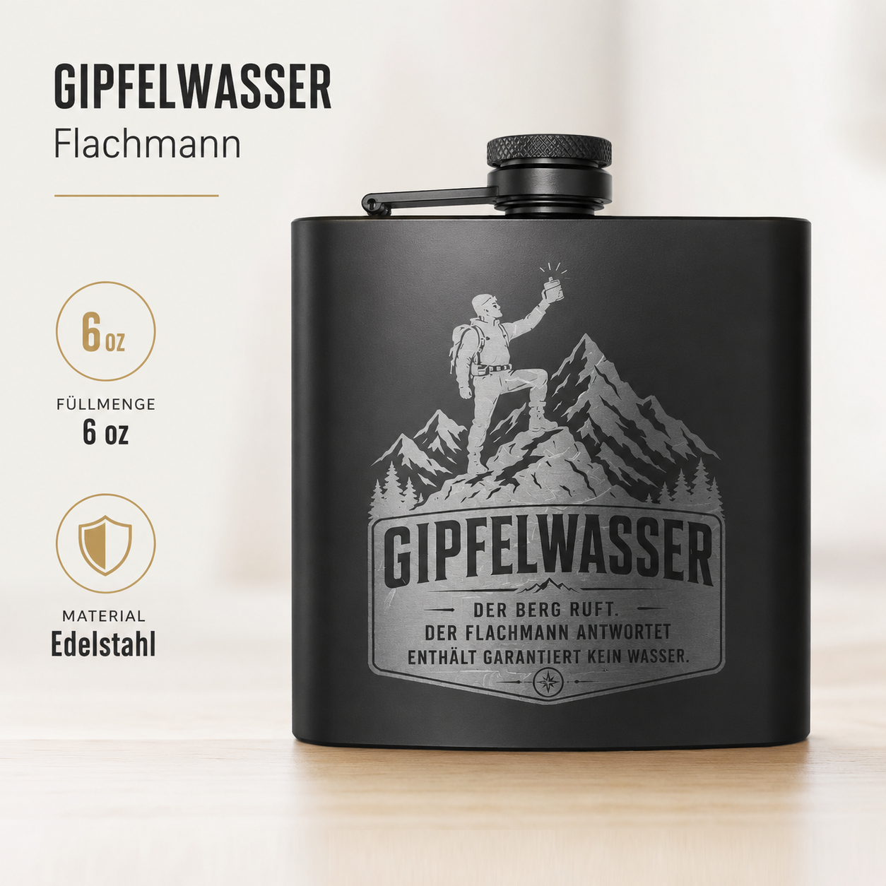 Flachmann „Gipfelwasser“ – Schwarzer 6oz Flachmann mit Bergsteiger-Gravur