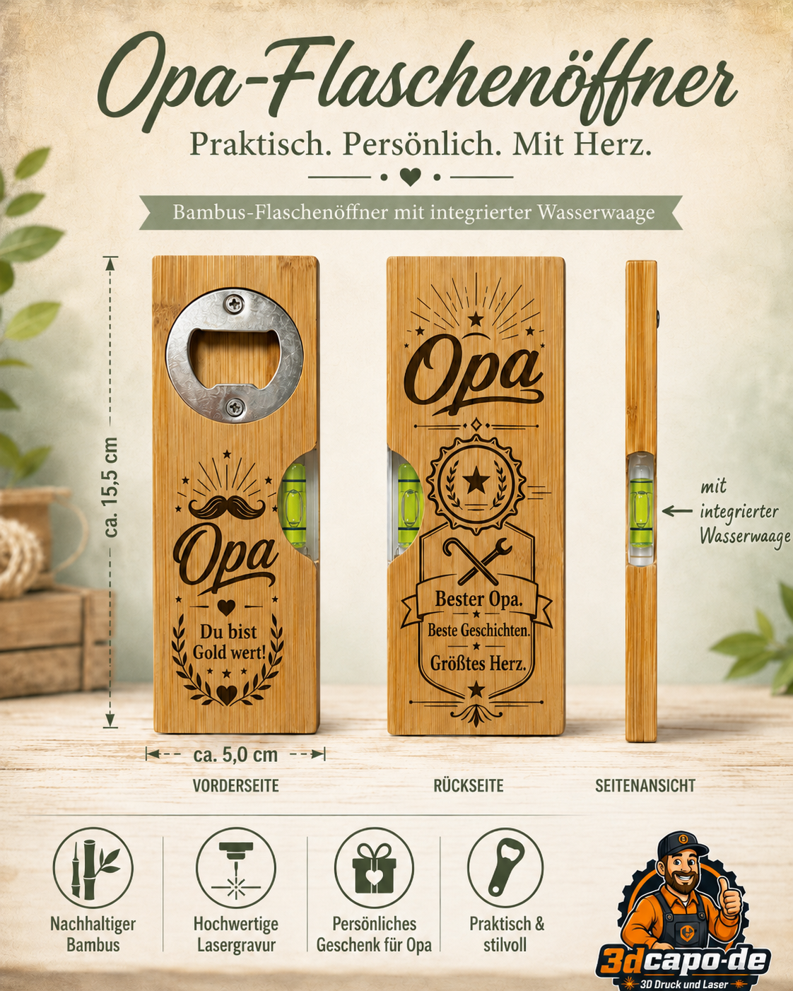Bambus-Flaschenöffner mit Wasserwaage – personalisiertes Geschenk – Bild 9