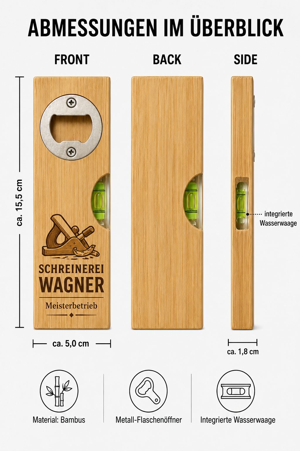 Bambus-Flaschenöffner mit Wasserwaage & Firmenlogo – individuell graviert für Unternehmen – Bild 4