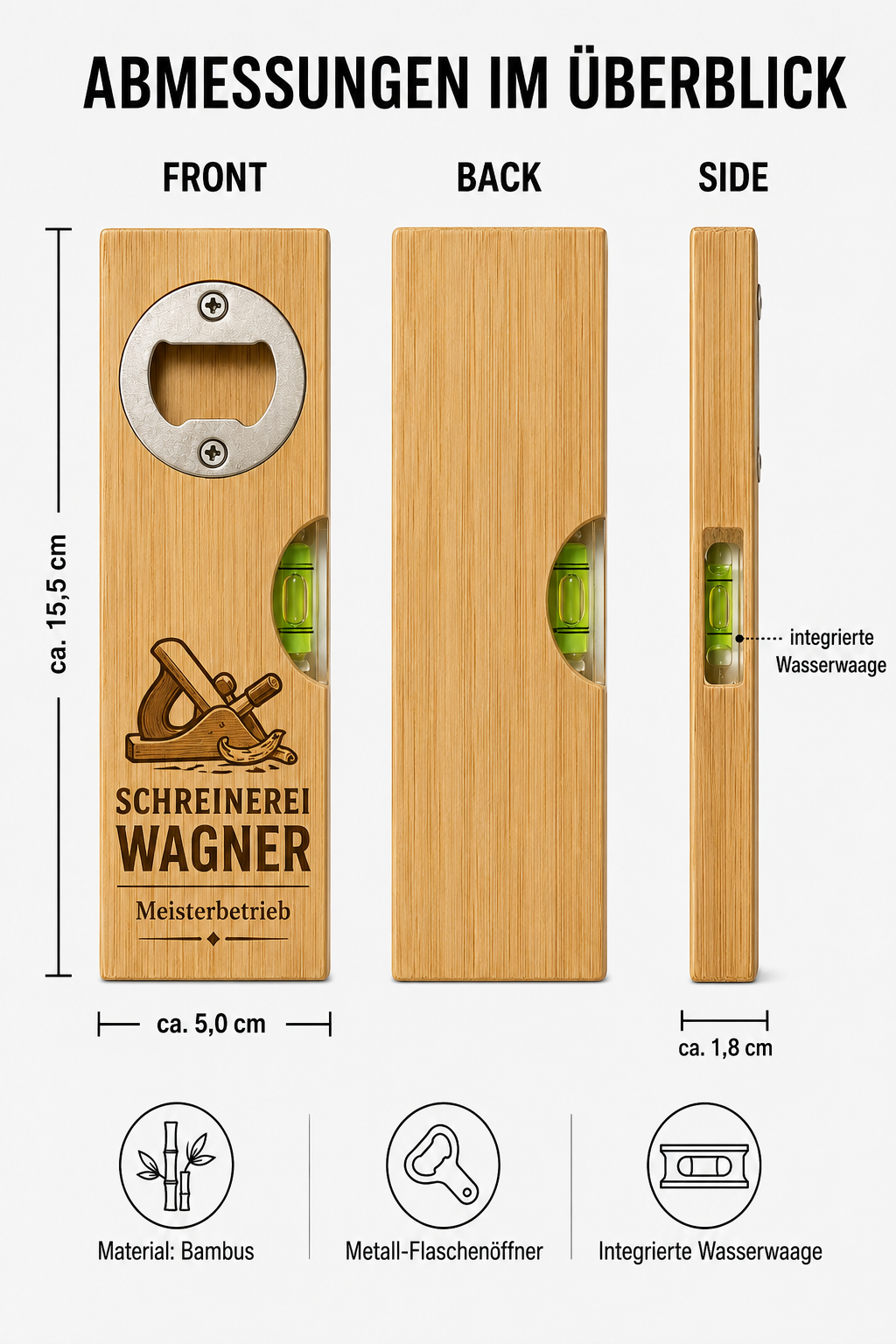 Bambus-Flaschenöffner mit Wasserwaage und Firmenlogo – individuell graviert – Bild 4