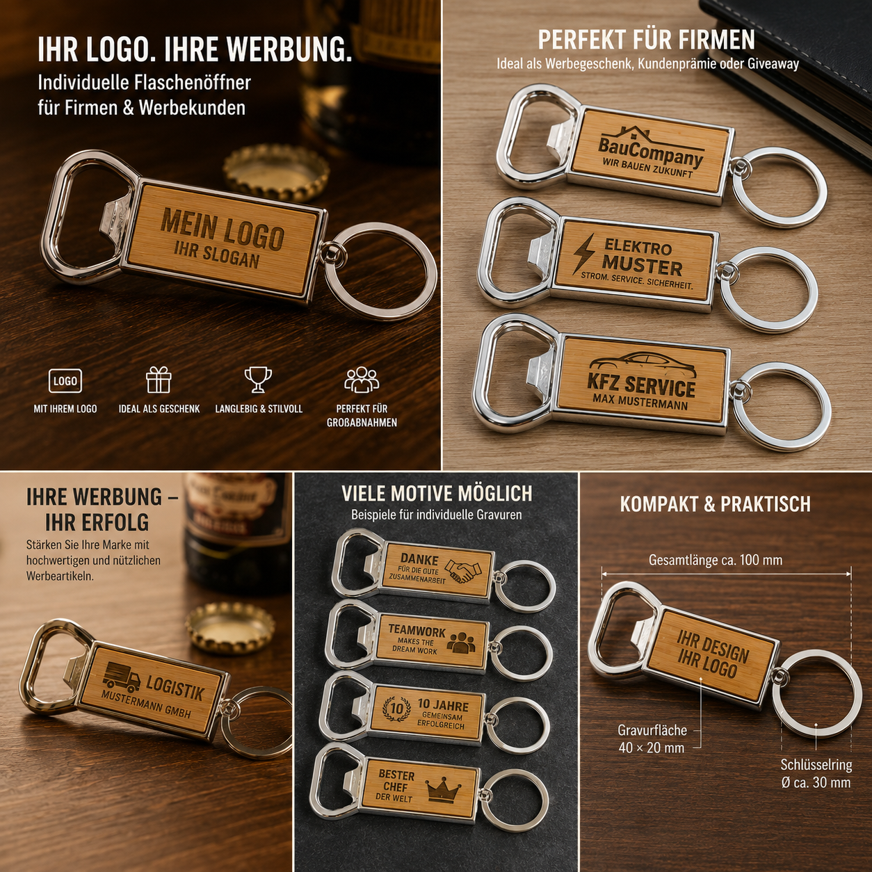 Schlüsselanhänger-Flaschenöffner mit Firmenlogo individuell graviert - 5Stück Bundle