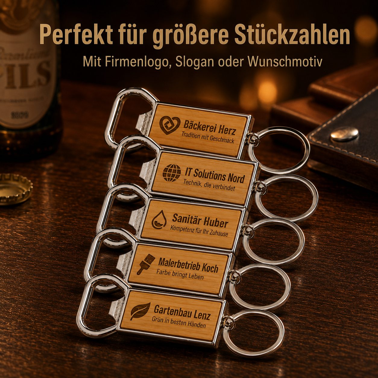 5x Flaschenöffner mit Firmenlogo – Schlüsselanhänger mit individueller Lasergravur – Bild 2