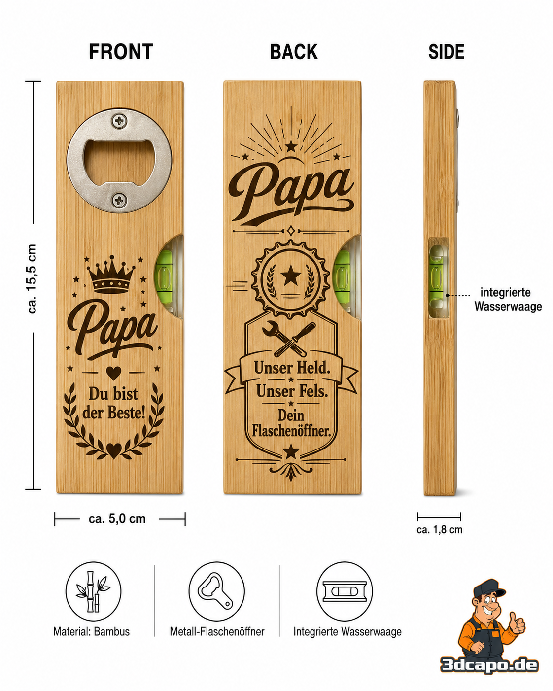 Bambus-Flaschenöffner mit Wasserwaage – personalisiertes Geschenk – Bild 6