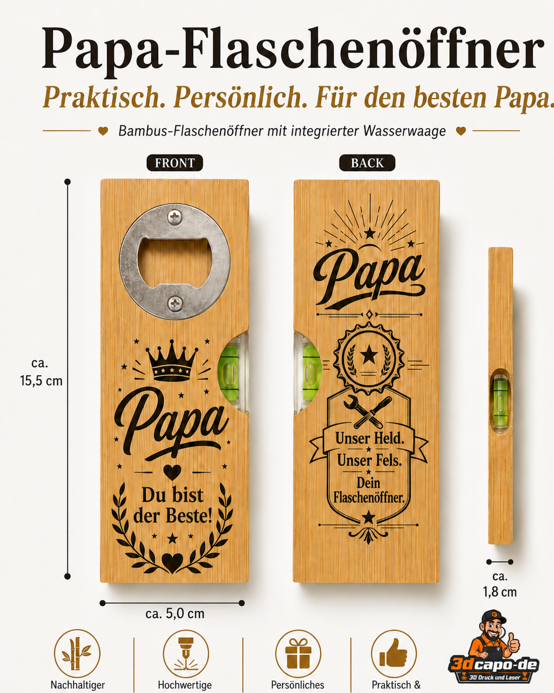 Bambus-Flaschenöffner mit Wasserwaage – personalisiertes Geschenk – Bild 3