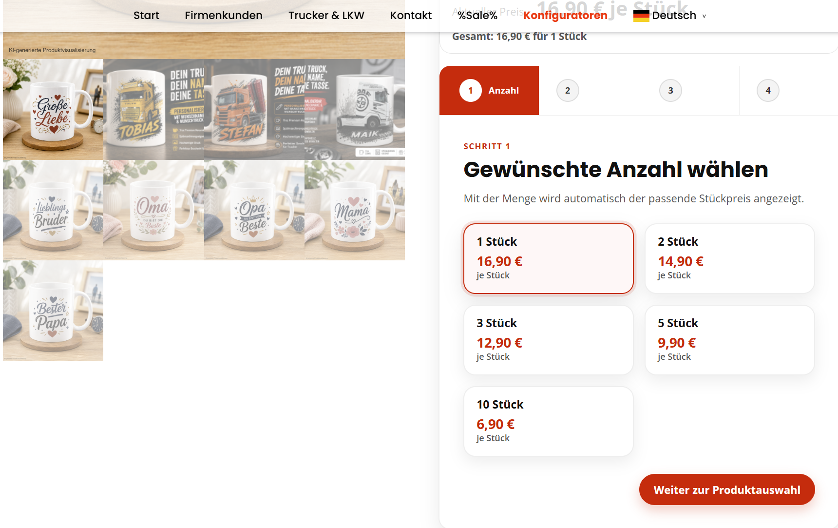 Mengenauswahl im 3DBull Produktkonfigurator
