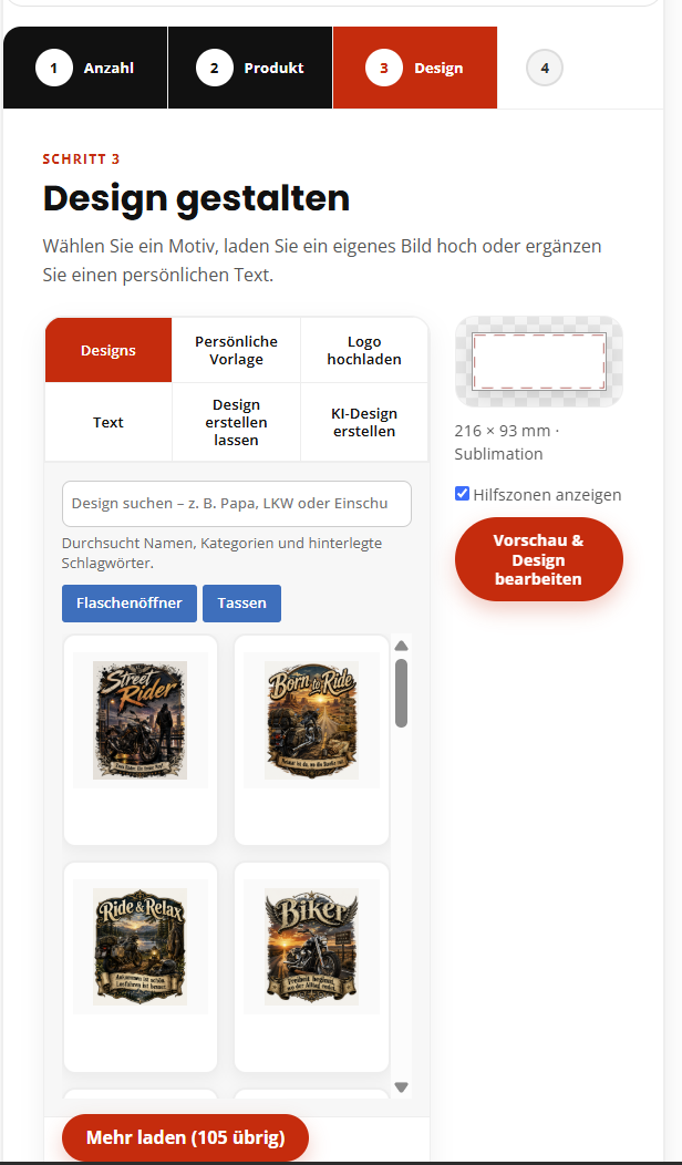 Designauswahl im Konfigurator