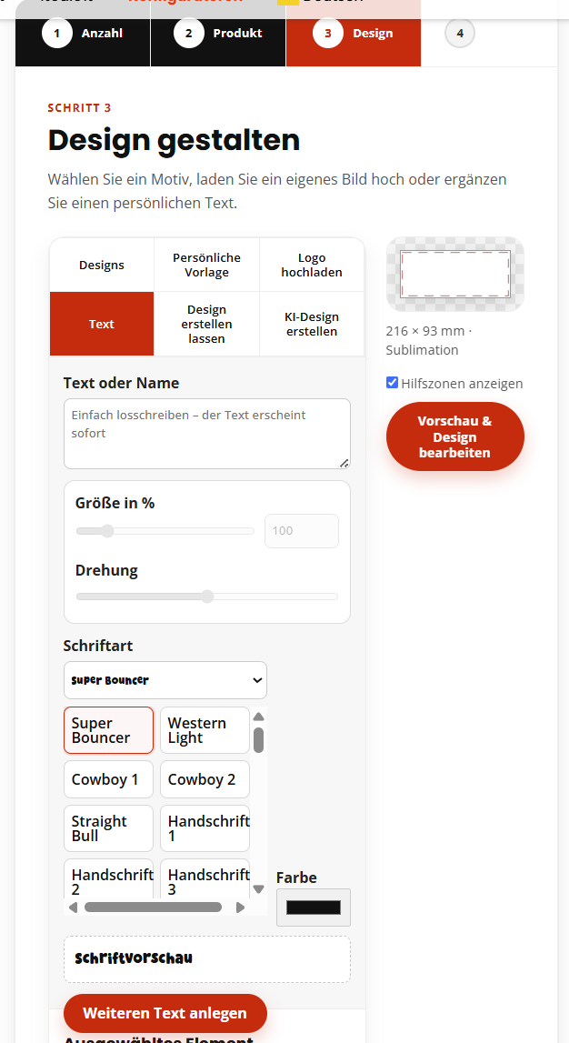 Textwerkzeug im Produktkonfigurator