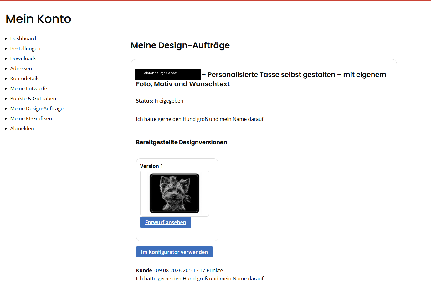 Persönliche Design-Aufträge im Kundenkonto
